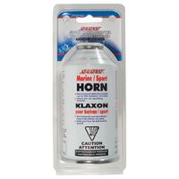 Air Horn Refill is blister packaged.  Net weight is 8 oz.  127dB. Meets EPA & USCG standards.