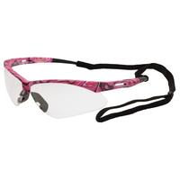 Annie Pink Camo frame, Clear lenses. Lanyard included.