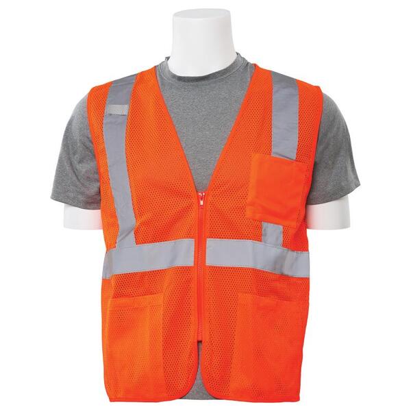SF20-ERB61656 S363P Type R, Class 2 Economy Mesh Zip Front Safety Vest with Pockets, Hi Viz Orange, XS.