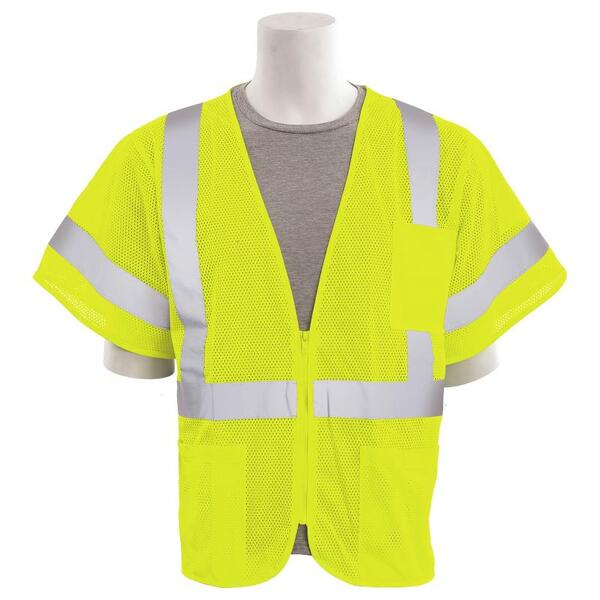 SF20-ERB62354 S6633P Type R, Class 3 Mesh Zip Front Safety Vest with Three Pockets, Hi Viz Lime, 2X.