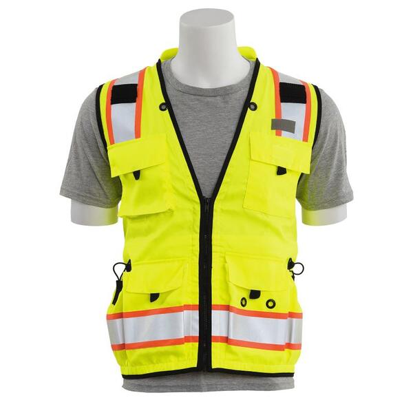SF20-ERB62384 S252C Type R, Class 2 Deluxe Surveyor Safety Vest with Grommets and 15 Pockets, Hi Viz Lime, SM.