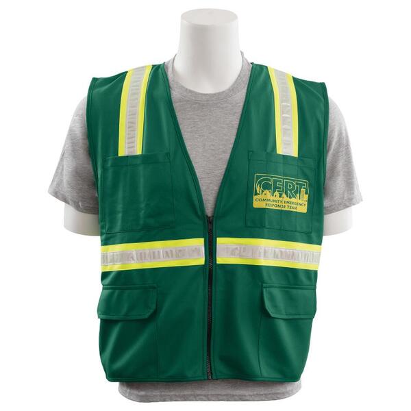 SF20-ERB62471 S813 Non-ANSI Multi-Pocket Safety Vest with CERT logos, Green, MD.