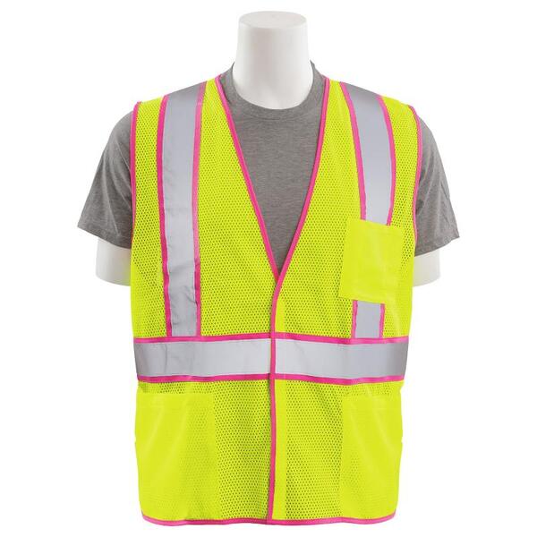 SF20-ERB63322 S730 Type R, Class 2 Unisex Mesh Safety Vest with Pink Trim, Hi Viz Lime, MD.